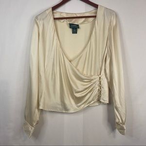 LAUREN Ralph Lauren Cream 100%  Silk Wrap Top Long Sleeve Size Large
